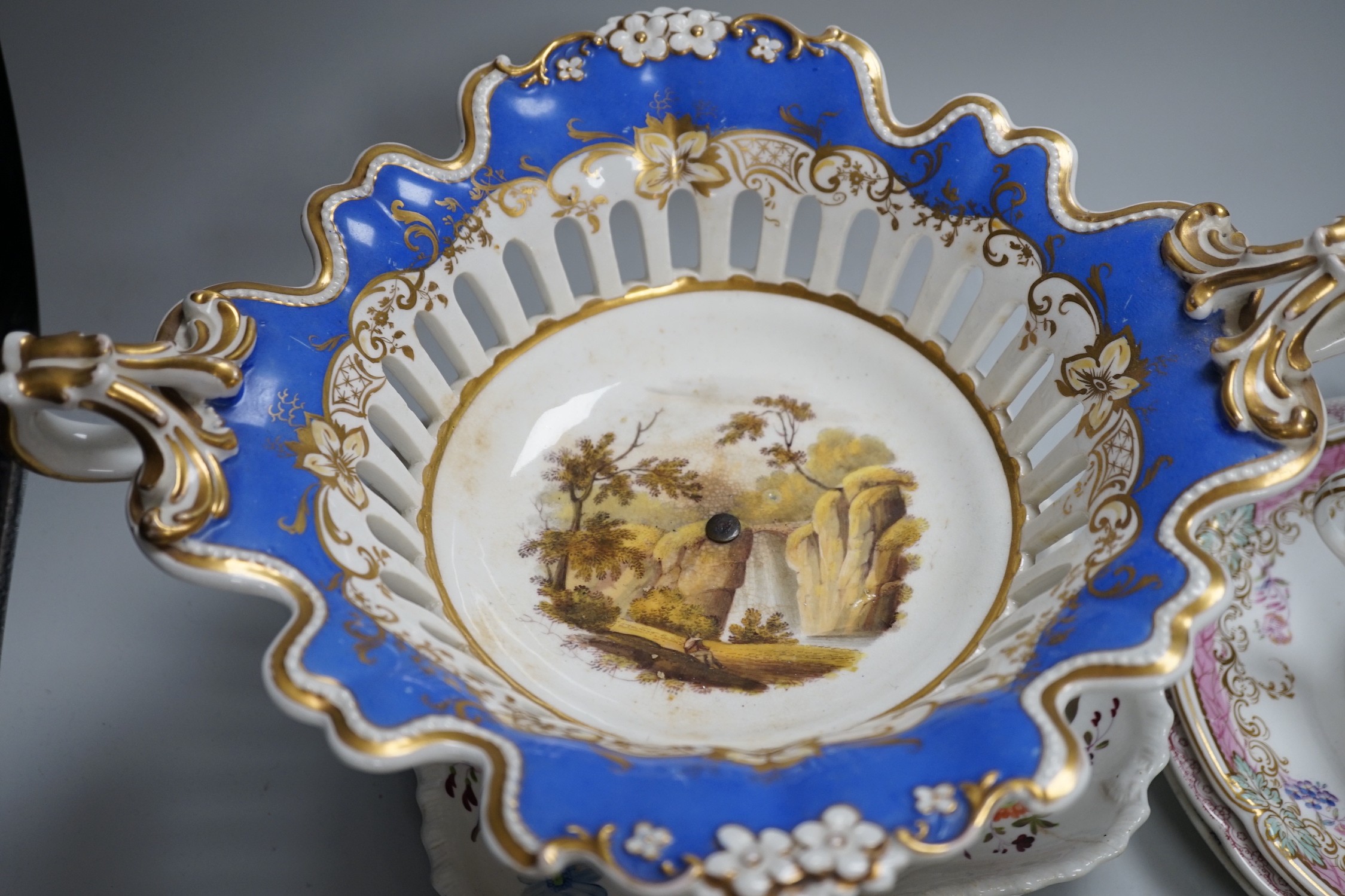 An English porcelain two handled pierced pedestal dish, c.1840 and 19th century English tea and dessert wares, dish 35cms wide